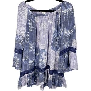 Zac & Rachel, Size 2X, Blue & Purple Patchwork Boho Blouse, Crochet Trim, Plus